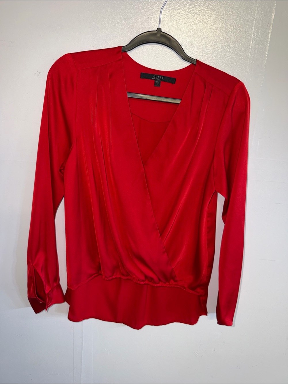 GUESS Red Satin Surplice Long Sleeve Blouse